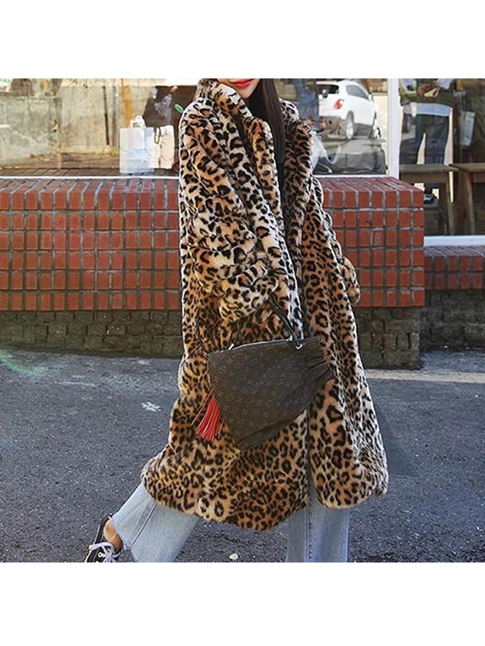 Leopard Print Faux Fur Coat - Women's Animal Print Jacket - Picture 6 of 7